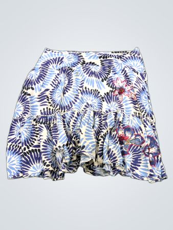 White skirt with blue floral print and ruffle detail