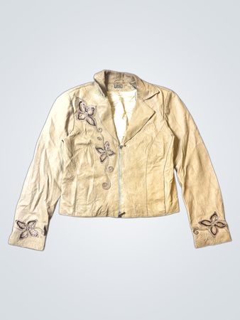 Women's Tan Leather Jacket with Floral Embellishments