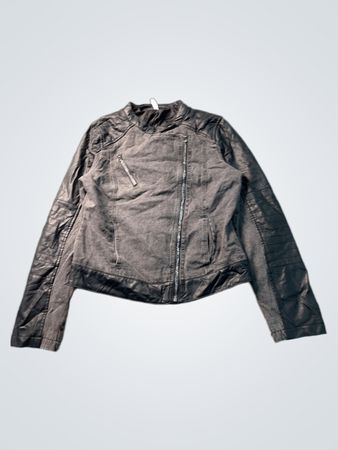 Damen-Motorradjacke aus schwarzem Kunstleder und Denim
