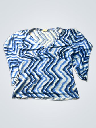 TRY Blau-weißes Zickzackprint V-Ausschnitt-Top
