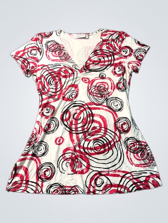 Yessica Damen T-Shirt-Kleid mit V-Ausschnitt und weiß-rot-schwarzem Wirbelmuster