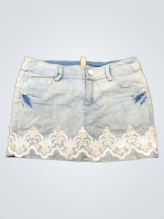 MINGYIFAN Damen Mini-Jeansrock in heller Waschung mit Spitzen- und Perlenverzierung