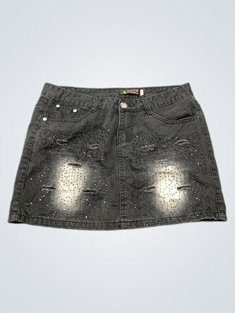 CHENGPEIGISHOW Schwarzer Jeansrock mit Strasssteinen und Destroy-Effekten