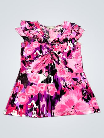Vintage Susie Women's Pink Floral Print Ruched Twist Cap Sleeve Top