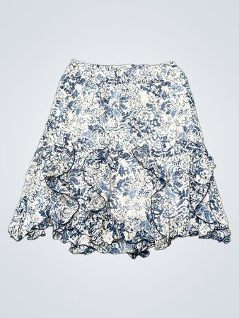 NICOLA Damen Rock mit blauem Blumenmuster und Rüschen, Größe XL