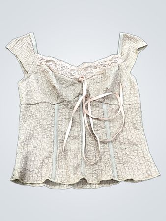 Tan textured square neck top with lace trim and ribbon tie