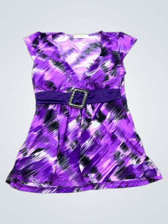 Damen-Pullover mit violettem abstraktem Muster, V-Ausschnitt und Schnallengürtel