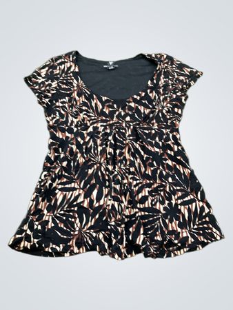 New York & Company Women's Black & Brown Leaf Print V-Neck Gathered Waist Top