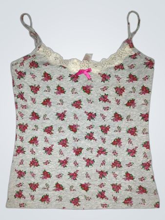 Grau-blumiges Spaghetti-Top mit Spitzenbesatz