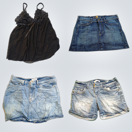 Designer Denim & Lace Bundle: 12 Piece Fashion Mix Jean Shorts Skirts Tops