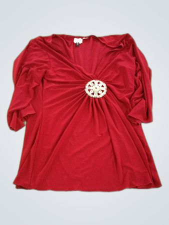 Red Blouse with Brooch Detail