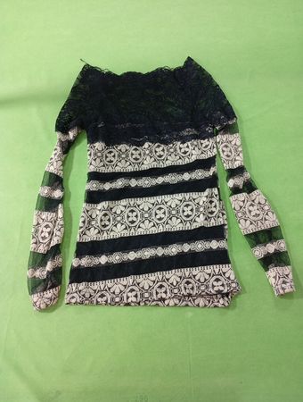 Women's Black and White Striped Top with Lace Details