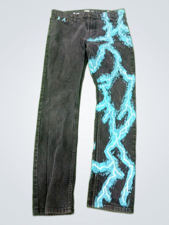 Black Jeans with Blue Lightning Design