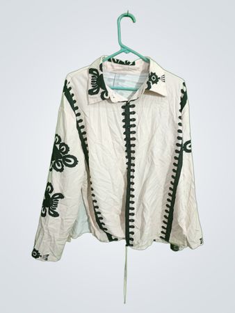 White Long-Sleeve Shirt with Black Floral Design