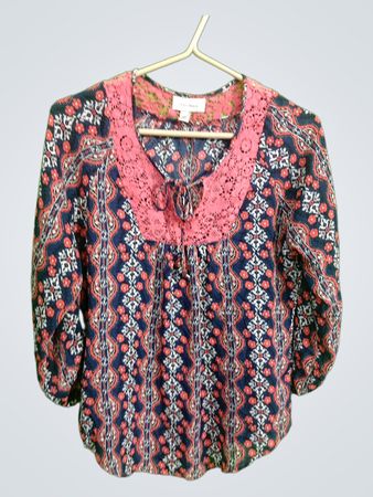 Dressbarn Navy Floral Lace-Trim Blouse