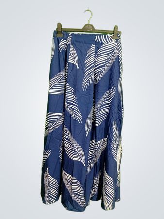 Navy Blue Feather Print Midi Skirt