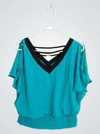 Teal Chiffon Blouse with Black Strap Details