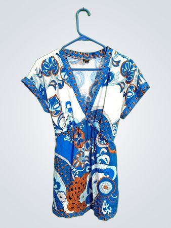 nicole by nicole hilfiger blue and white floral short-sleeved shirt.