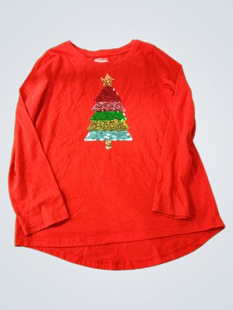 Red Long-Sleeve Shirt with Christmas Tree Design