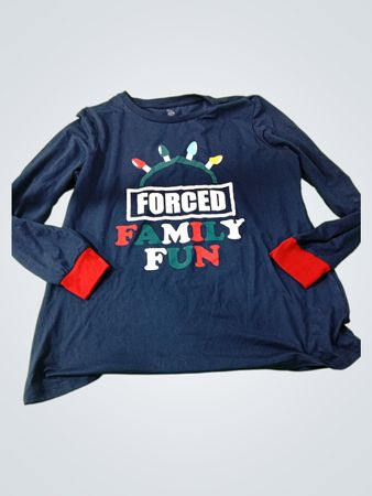 Long-Sleeve Navy Blue Shirt with Red Cuffs and 'Forced Family Fun' Design