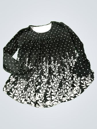 Black and White Polka Dot Blouse with Leaf Pattern