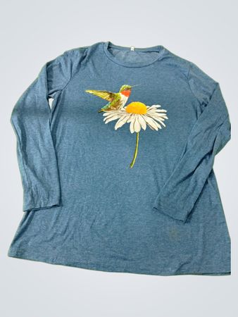 Blue Long Sleeve Shirt with Hummingbird Design