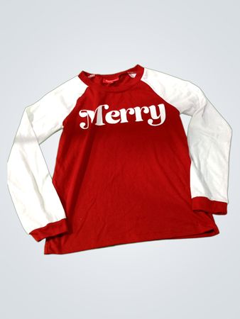 Red and White Long-Sleeve Shirt with Merry Print