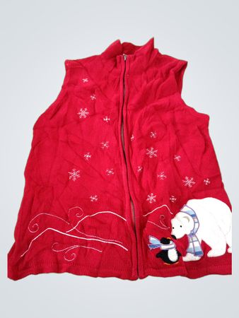 Red Knit Vest with Polar Bear and Penguin Design
