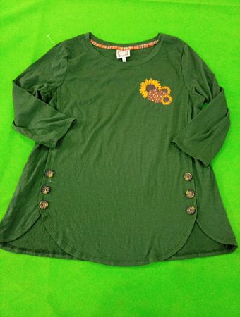 Green Long Sleeve Top with Sunflower Design