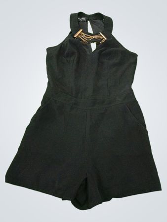Bebe Black Halter Romper with Gold Chain Detail