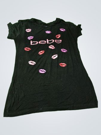 Bebe Black T-Shirt with Kiss Graphic