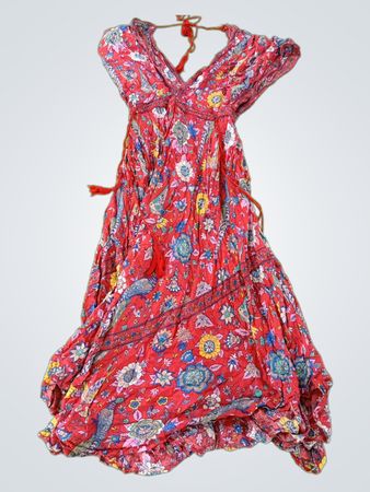 Red floral print maxi dress with tassels