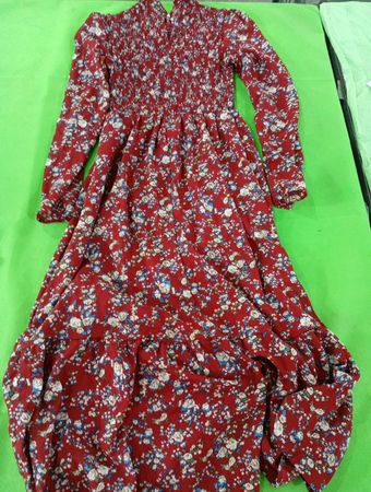 Red floral print long sleeve maxi dress with smocked bodice