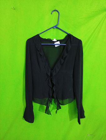 Black sheer ruffled tie-front blouse