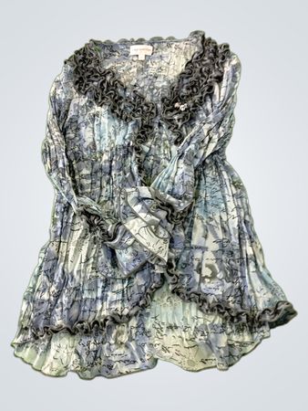 Laura Petites Women's Blue Script Print Ruffle Blouse Size L