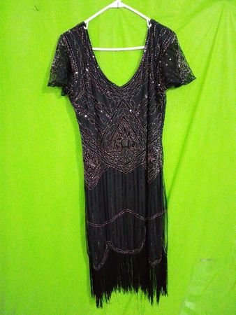 Schwarzes Perlenfransen Flapper-Kleid