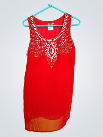 ANGIE Rotes Perlenverziertes Ärmelloses Kleid 4350