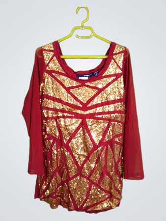 Denim 24/7 Damen Rote Pailletten Geometrisches Langarmtop