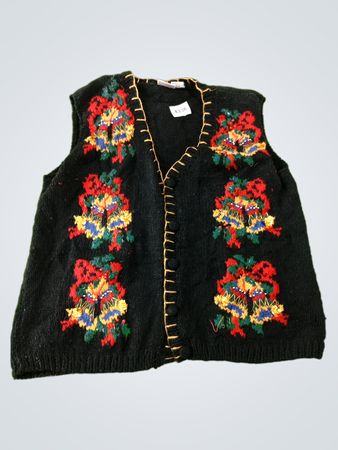 Black V-Neck Vest with Bells and Bows Embroidery