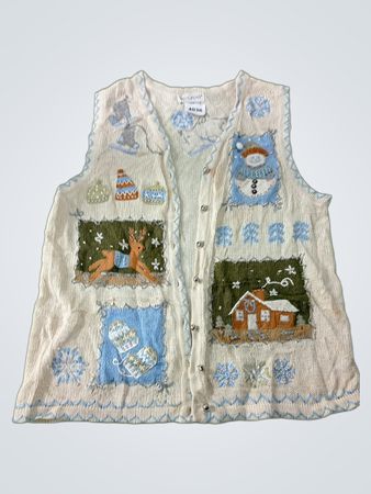 WHITE STAG Ladies Christmas Vest with Snowman, Deer, and House Appliques