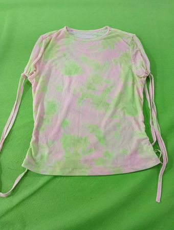 Pink and Green Tie-Dye Mesh Top with Drawstrings