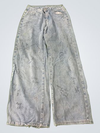 Light Wash Wide Leg Jeans with Graffiti Print and Pink Bows