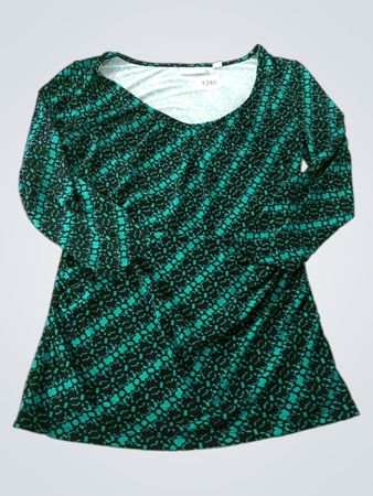 New York & Company Stretch Black and Teal Pattern Long Sleeve Top