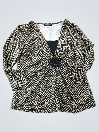 Notations Petite Black and Tan Chevron Print Blouse with Embellishment