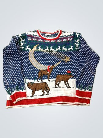 Holiday Time Ugly Christmas Sweater with Wolves, Moon, and Reindeer