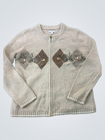 Croft & Barrow Damen Tan Argyle Bird Pine Cone Zip-Up Cardigan Sweater