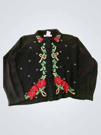 Black Christmas Cardigan with Poinsettias and Bows