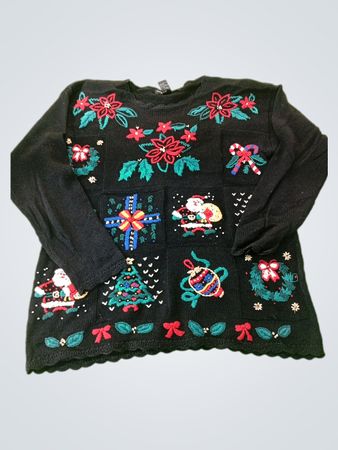 Black Christmas Sweater with Santa, Christmas Tree, and Ornaments