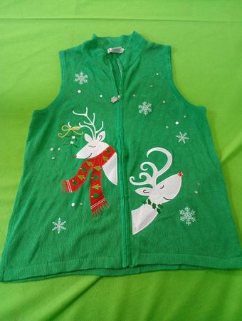 Nouveaux Green Christmas Vest with Reindeer and Snowflakes