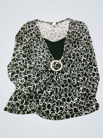 J.T.B. Black and White Patterned Long Sleeve Top with Ring Detail
